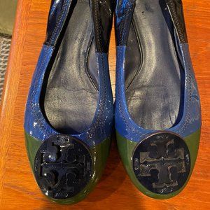 Tory Burch Blue Black Patent Flats Green Toe Cap 10M